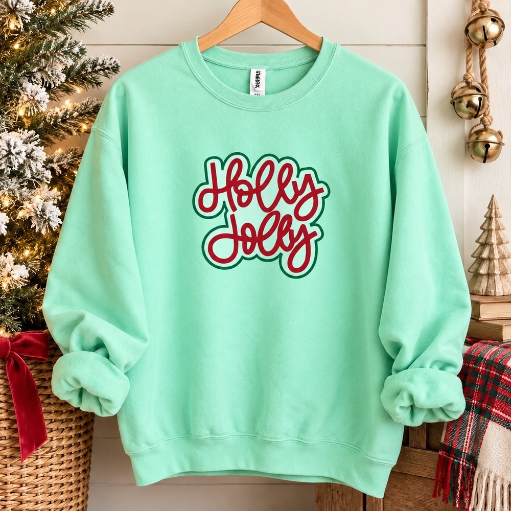 Mint Green Holly Jolly Christmas Sweatshirt XXL Oversized Holiday Graphic